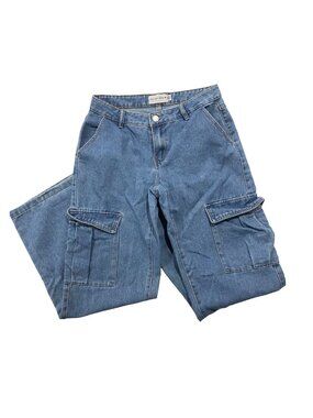 REFUGE Cargo Denim Jean Blue Cotton 3 Baggy Low Rise Utility Y2K Skater Wide Leg